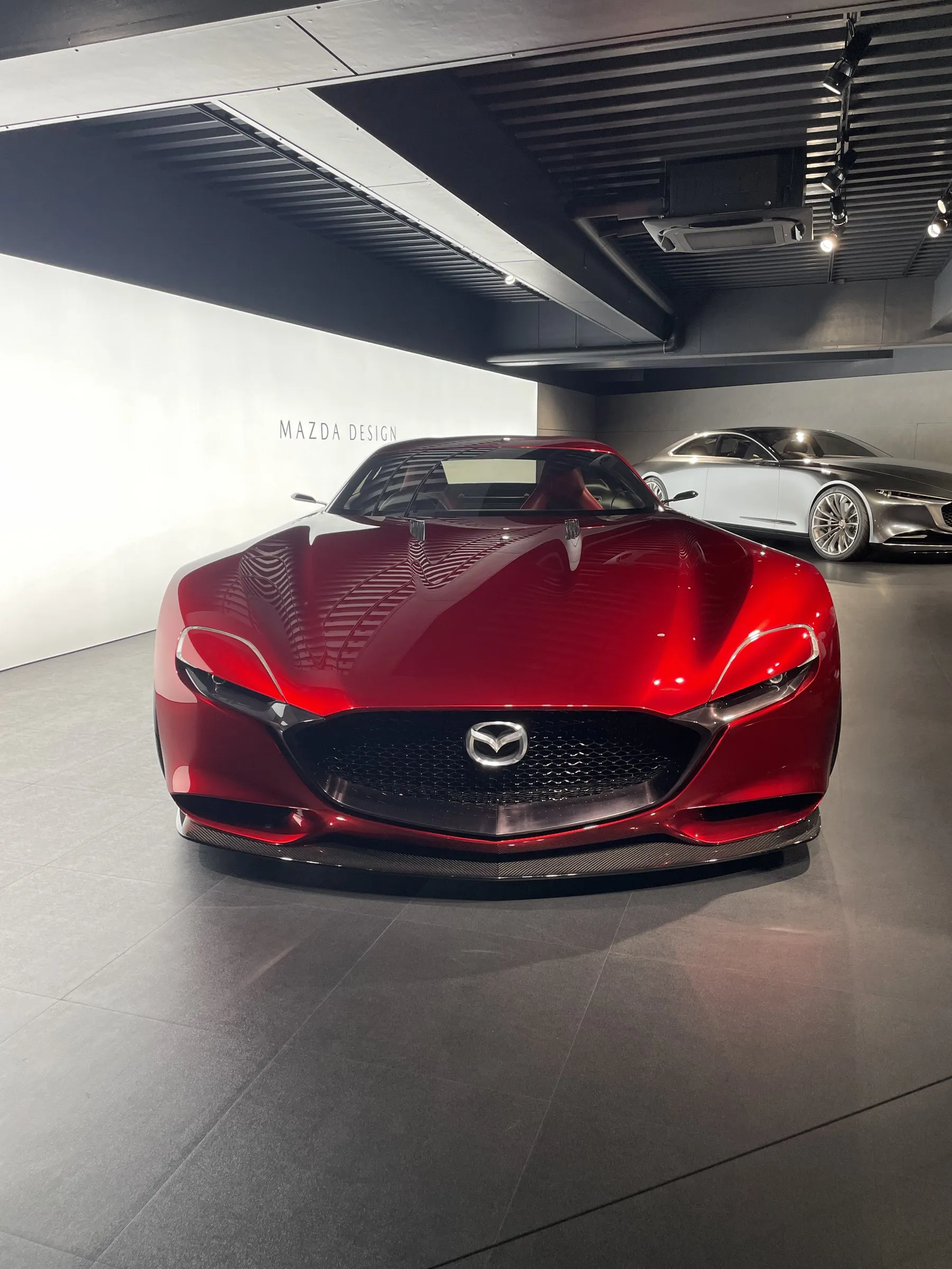 Mazda RX-Vision concept car viewed from the front at the Mazda Museum.